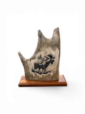 Handmade Signed Alaskan Carved Moose Antler On Base Cabin Decor